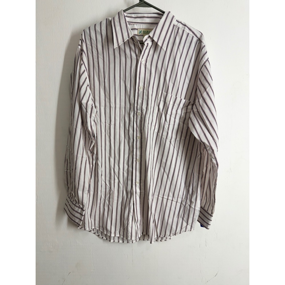 Haband Mens Long Sleeve Button Down Striped Shirt White Blue Burgundy Size 17L